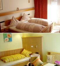 Two bedrooms at G&auml;stehaus zur F&auml;rbe Ferien-Appartements with wooden furniture, two double beds, and one single bed with yellow linens