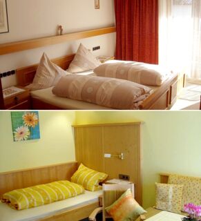 Zwei gem&uuml;tliche Zimmer mit Holzm&ouml;beln, einem Doppelbett und einem Einzelbett im G&auml;stehaus zur F&auml;rbe Ferien-Appartements, beleuchtet von Tageslicht.