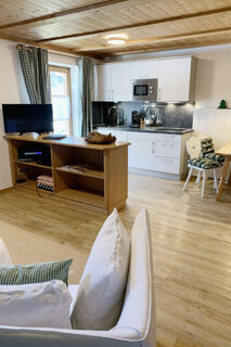 Open kitchen and living area with wooden floors, white cabinets, TV, and cozy seating at Landhaus Berktold