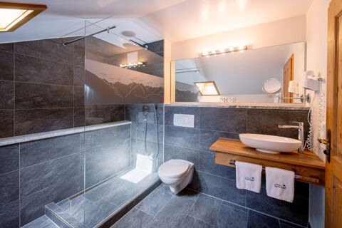 Modern bathroom at Landhaus Berktold featuring a glass shower, wall-mounted toilet, wooden vanity with vessel sink, and large mirror