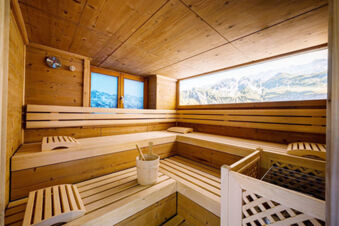 Wood-paneled sauna interior with benches, headrests, a bucket and ladle, and a window showing mountains at Landhaus Berktold