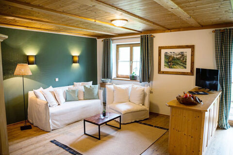 Living room in Landhaus Berktold featuring white sofas, wooden ceiling and floor, a TV on a wooden cabinet, and patterned curtains