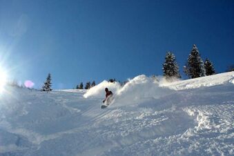 Ein Snowboarder f&auml;hrt durch frischen Pulverschnee an einem sonnigen Tag in den Bergen, N&auml;he Panorama-Hotel Kaserer.