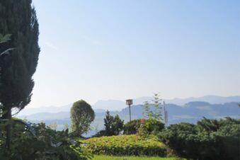 Pension G&auml;stehaus Alpenblick garden area with trimmed bushes, trees, and a mountainous landscape under a clear blue sky