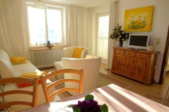 Living room with white sofas, wooden chairs, TV on cabinet, and flowers at Pension G&auml;stehaus Alpenblick