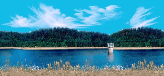 Blue lake with a concrete water structure in front of a forest under blue sky with clouds at Hotel Post Nordhalben