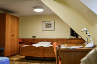 Acogedora habitaci&oacute;n de hotel con muebles de madera, escritorio y cama bajo un techo inclinado en el Posthotel Johannesberg.