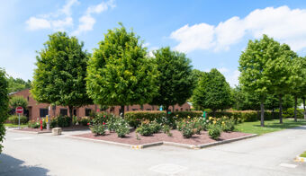 Green trees and flowering bushes are planted around paved roads with stop signs at Bologna Easy Camping Village under a blue sky with clouds