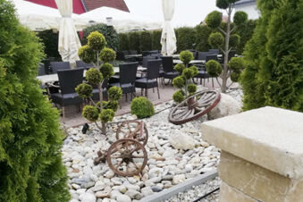 Udržovan&yacute; venkovn&iacute; prostor s posezen&iacute;m, okrasn&yacute;mi keři a star&yacute;mi koly vozů v zahradě hotelu Landgasthof Niebler.