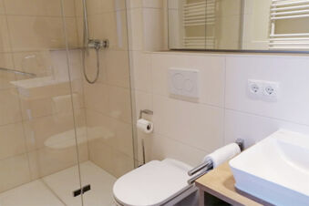 Modern&iacute;, světl&aacute; koupelna se sprchou, toaletou a umyvadlem v hotelu Landgasthof Niebler je pohodlně zař&iacute;zen&aacute;.