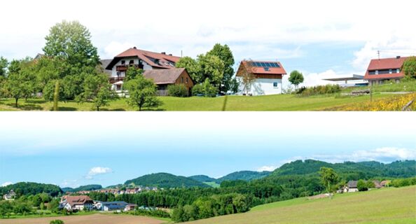 Rozsiahla krajina so zelen&yacute;mi l&uacute;kami, stromami a budovami penzi&oacute;nu Gasthof Zur Krone vo vidieckom prostred&iacute; pod modrou oblohou.