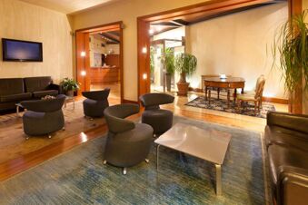 Lobby area of B&B Hotel Imperia Rossini al Teatro with multiple gray chairs, brown leather sofas, a TV, and potted plants