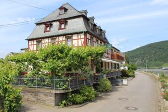 Rheinhotel Zum Anker with timber framing, green plants on the terrace, a riverside walkway, and hills in the background