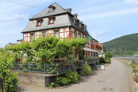 Rheinhotel Zum Anker with timber framing, green plants on the terrace, a riverside walkway, and hills in the background