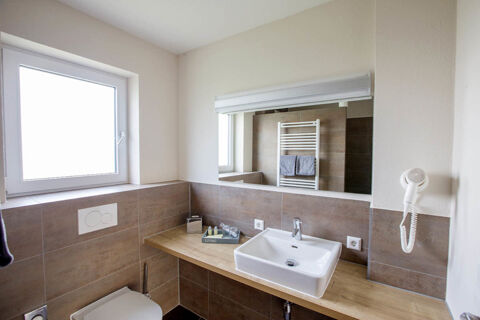 Modern bathroom interior at Landgasthof Bieg with a white sink, mirror, hairdryer, toilet, and window with brown tiles