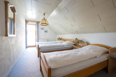 Hotel room with two wooden single beds, white bedding, a ceiling lamp, mirror on wall, and window at Landgasthof Bieg