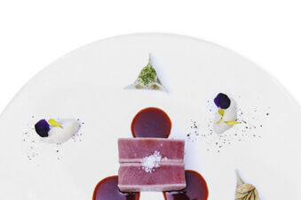 Two pieces of raw tuna with sea salt on top surrounded by sauce and garnishes on a white plate from Landgasthof Restaurant Adler