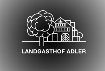 Line drawing of a traditional building with a large tree and bold text reading Landgasthof Restaurant Adler on gray background