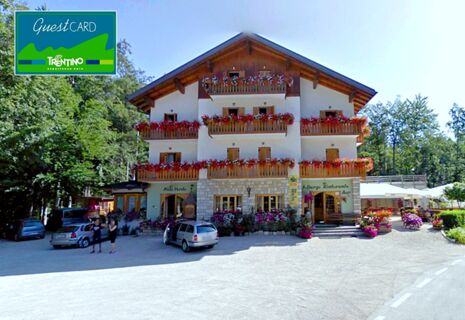 Fas&aacute;da hotelu Albergo Nido Verde s balkony zdoben&yacute;mi květinami, auty u vchodu a obklopen&yacute;mi stromy v Trentinu.