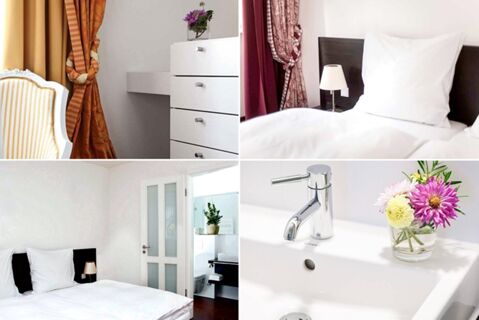 Details of a white double bed with pillows, a white sink with faucet and flowers, white dresser, and decorative curtains at Brauereigasthof und Hotel Kapplerbr&auml;u