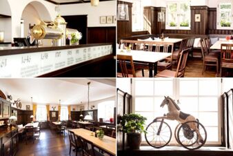 Bar counter with brass taps, wooden tables and chairs, a decorative rocking horse by window and plants in Brauereigasthof und Hotel Kapplerbr&auml;u