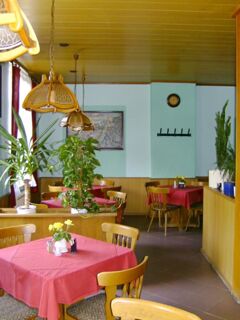 Hell eingerichteter Restaurantbereich mit rot bezogenen Tischen, Holzm&ouml;beln und Pflanzen im Hotel-Pension Loreley.