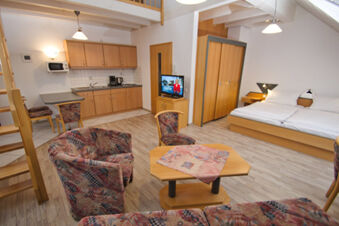 Living area of Rh&ouml;ngasthof Zur Linde & Ferien-Appartements Rh&ouml;nsicht with patterned armchairs, wooden table, kitchenette, TV, and bed