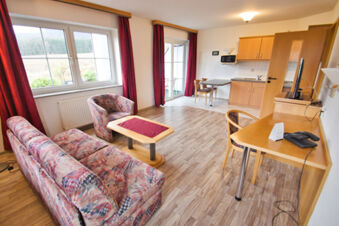 Living area of Rh&ouml;ngasthof Zur Linde & Ferien-Appartements Rh&ouml;nsicht featuring patterned sofa, armchair, wooden table, desk, and kitchenette visible