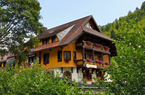 A yellow and brown traditional building surrounded by green trees with balconies decorated with pink flowers at Hotel Gasthaus Hirschen