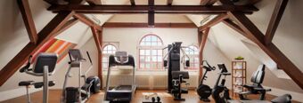 Fitnessbereich mit modernen Trainingsger&auml;ten im Dachgeschoss des NH Collection Hotel Heidelberg mit gro&szlig;en Fenstern und Holzbalken.