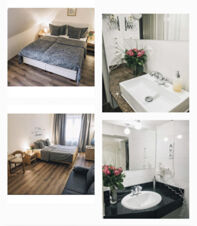 Marktplatzhotel u. Bistrorant Tafelspitz rooms with beds, chairs, bedside tables, flowers, and bathroom sinks with mirrors and lighting