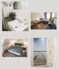 Bathroom sink with soap dispenser and flower bouquet, two bedrooms with wooden floors, and a shower curtain at Marktplatzhotel u. Bistrorant Tafelspitz