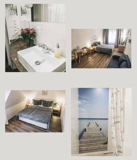 Verschiedene Innenansichten im Marktplatzhotel u. Bistrorant Tafelspitz zeigen modern eingerichtete Schlafzimmer und ein Badezimmer mit einem beruhigenden Meerblick-Dekor.
