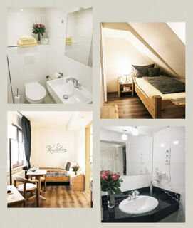 Verschiedene Innenansichten eines Zimmers mit Bad, Waschbecken und Bett im Marktplatzhotel u. Bistrorant Tafelspitz.