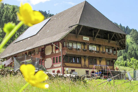 Traditionelles G&auml;stehaus des Bauernhof W&auml;ldebauernhof in l&auml;ndlicher Umgebung mit Spielplatz und Solarzellen auf dem Dach unter blauem Himmel.