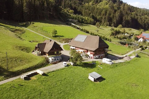 Luftaufnahme des Bauernhof W&auml;ldebauernhof mit traditionellen Geb&auml;uden, gr&uuml;nen Wiesen und Wald im Hintergrund in l&auml;ndlicher Umgebung.
