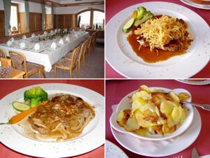 Festlich gedeckter Tisch in einem Speiseraum mit Holzvert&auml;felung und mehrere traditionelle Gerichte im Gasthof Schwarzer Adler.