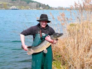 Ein Mann in Arbeitskleidung h&auml;lt einen gro&szlig;en Fisch am Ufer eines Sees, umgeben von Schilf, ein Bild vom Gasthof Schwarzer Adler Naturerlebnis.