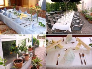 Verschiedene Blickwinkel auf festlich gedeckte Tische und Pflanzen im Au&szlig;en- und Innenbereich vom Gasthof Schwarzer Adler.