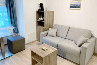 A room at Pension Lachmann with a gray couch, wooden coffee table, small dining table, and cabinet with a coffee maker and cups