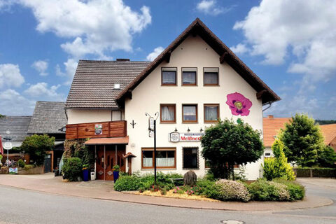 Das Landhotel-Restaurant Mei&szlig;nerhof zeigt seine traditionelle wei&szlig;e Fassade mit braunen Fenstern und einem gro&szlig;en Blumenmotiv an der Au&szlig;enwand.