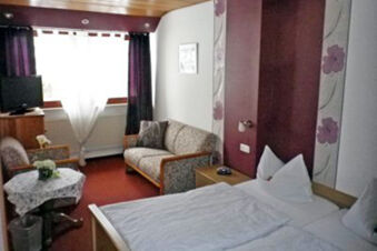 Gem&uuml;tliches Zimmer im Landhotel-Restaurant Mei&szlig;nerhof mit Doppelbett, Sofa, Fernseher und einem kleinen Tisch vor dem Fenster mit Vorh&auml;ngen.