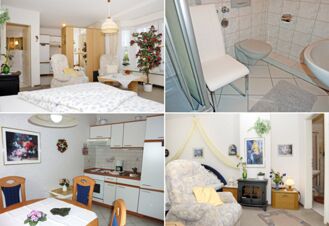 Four views of a room at Landhaus Heide Romantisches Heidehotel Garni Nichtraucher showing bed with floral sheets, bathroom with chair, kitchenette with dining table, and seating area with armchair and wall decorations