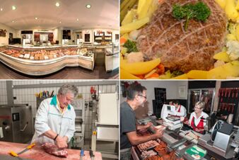 Innenansicht der Fleischerei und Theke mit Wurstwaren, Metzger bei der Arbeit und ein Kunde im Hotel Gasthof Huber.