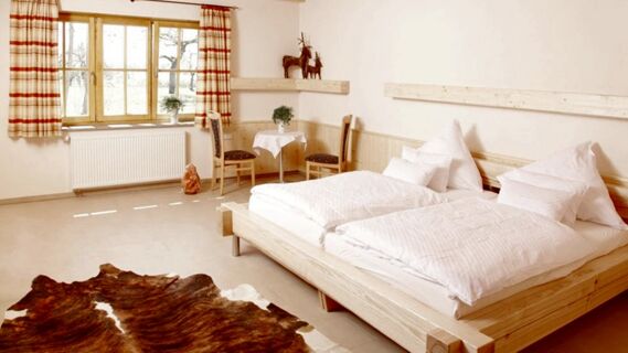 Hell eingerichtetes Zimmer mit Holzbettrahmen und tierischem Teppich im Hotel Lochm&uuml;hle GmbH, inklusive Fenster mit Vorh&auml;ngen und kleinem Tisch mit St&uuml;hlen.