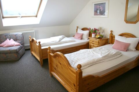 Two single wooden beds with white linens and pink pillows in a bright room at Pension Garni Zweck with a floral armchair and nightstand
