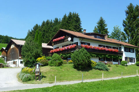 Bauernhof Ferienhof K&uuml;hberg shows a white building with flower boxes on balconies surrounded by trees and greenery on a sunny day