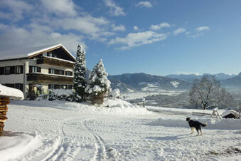 Snow-covered landscape at Bauernhof Ferienhof K&uuml;hberg with a dog, a farmhouse, trees, and mountains in the background