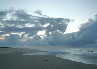 Beach view with cloudy sky and footprints on sand near waterline at Fewos Haus am W&auml;ldchen