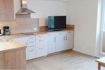 Modern kitchen with white cabinets, wooden countertops, a coffee maker, stovetop, hood, and a TV in Fewos Haus am W&auml;ldchen